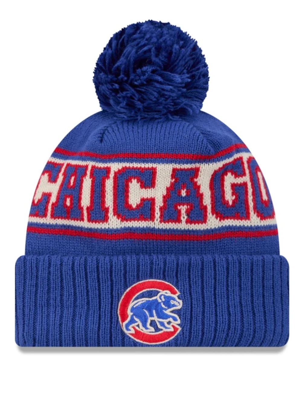 New Era Chicago Cubs Royal Blue Knit Pom Beanie with Red & White Accents